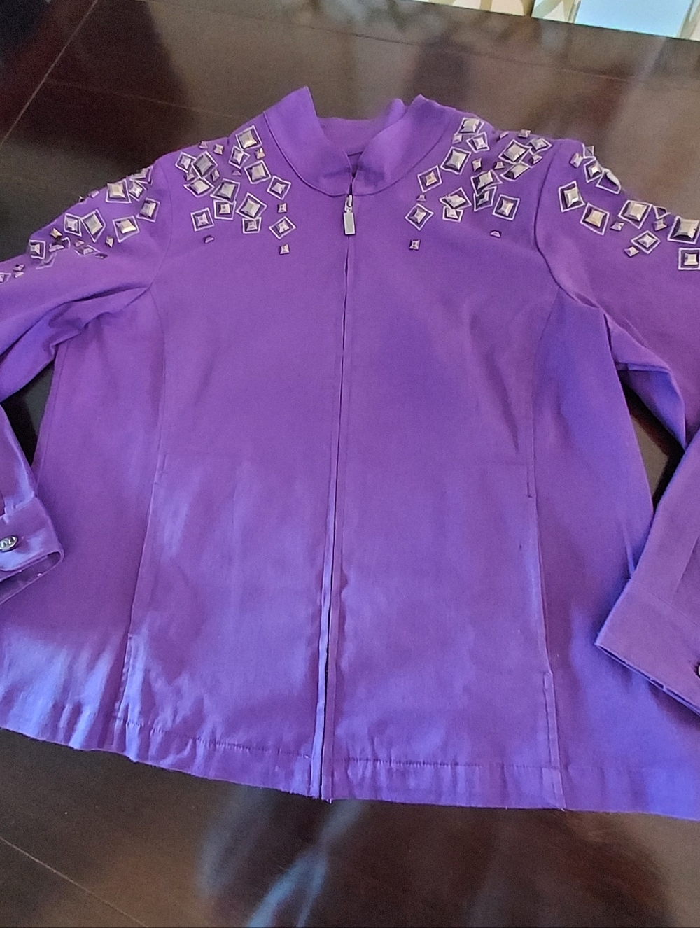 Y2K Bob Mackie Purple Stretch Denim Studded Zip-Front Jacket. L
